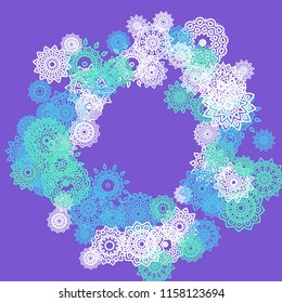 Ethnic Background with Small Mandalas. May be Used as Christmas Background with Snowflakes. Orient Pattern for Card, Poster, Banner. Festive Outline Mandalas on White Backdrop