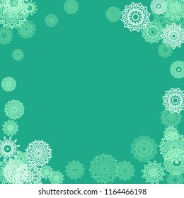 Ethnic Background with Small Mandalas. May be Used as Christmas Background with Snowflakes. Orient Pattern for Card, Poster, Banner. Festive Outline Mandalas on White Backdrop