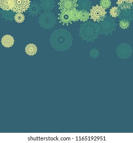 Ethnic Background with Small Mandalas. May be Used as Christmas Background with Snowflakes. Orient Pattern for Card, Poster, Banner. Festive Outline Mandalas on White Backdrop