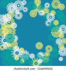 Ethnic Background with Small Mandalas. May be Used as Christmas Background with Snowflakes. Orient Pattern for Card, Poster, Banner. Festive Outline Mandalas on White Backdrop