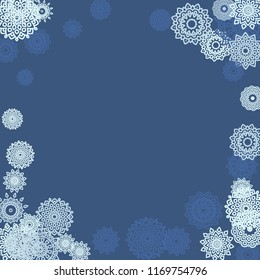 Ethnic Background with Small Mandalas. May be Used as Christmas Background with Snowflakes. Orient Pattern for Card, Poster, Banner. Festive Outline Mandalas on White Backdrop