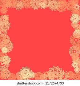 Ethnic Background with Small Mandalas. May be Used as Christmas Background with Snowflakes. Orient Pattern for Card, Poster, Banner. Festive Outline Mandalas on White Backdrop