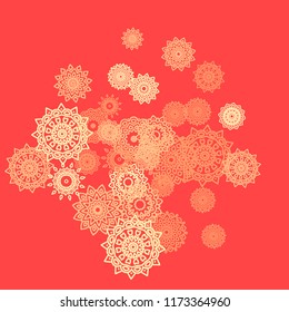 Ethnic Background with Small Mandalas. May be Used as Christmas Background with Snowflakes. Orient Pattern for Card, Poster, Banner. Festive Outline Mandalas on White Backdrop