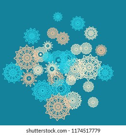 Antecedentes étnicos con pequeños Mandalas. Puede ser usado como fondo navideño con copos de nieve. Patrón de orientación para tarjeta, afiche, cartel. Contorno festivo Mandalas sobre fondo blanco