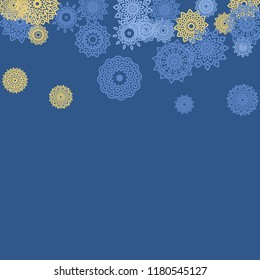 Ethnic Background with Small Mandalas. May be Used as Christmas Background with Snowflakes. Orient Pattern for Card, Poster, Banner. Festive Outline Mandalas on White Backdrop