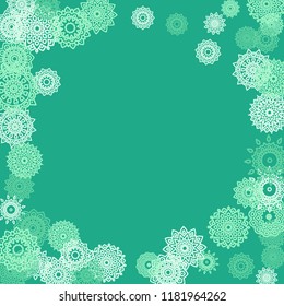 Ethnic Background with Small Mandalas. May be Used as Christmas Background with Snowflakes. Orient Pattern for Card, Poster, Banner. Festive Outline Mandalas on White Backdrop