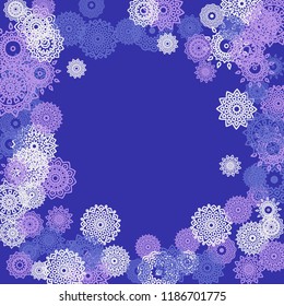 Ethnic Background with Small Mandalas. May be Used as Christmas Background with Snowflakes. Orient Pattern for Card, Poster, Banner. Festive Outline Mandalas on White Backdrop