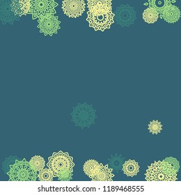 Ethnic Background with Small Mandalas. May be Used as Christmas Background with Snowflakes. Orient Pattern for Card, Poster, Banner. Festive Outline Mandalas on White Backdrop