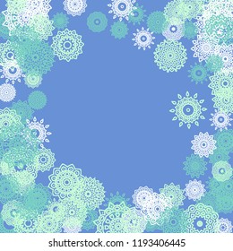 Ethnic Background with Small Mandalas. May be Used as Christmas Background with Snowflakes. Orient Pattern for Card, Poster, Banner. Festive Outline Mandalas on White Backdrop