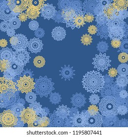 Ethnic Background with Small Mandalas. May be Used as Christmas Background with Snowflakes. Orient Pattern for Card, Poster, Banner. Festive Outline Mandalas on White Backdrop