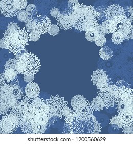 Ethnic Background with Small Mandalas. May be Used as Christmas Background with Snowflakes. Orient Pattern for Card, Poster, Banner. Festive Outline Mandalas on White Backdrop