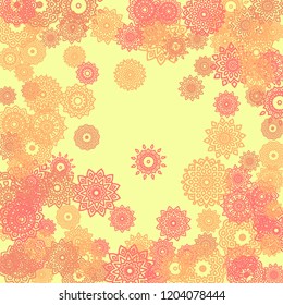 Ethnic Background with Small Mandalas. May be Used as Christmas Background with Snowflakes. Orient Pattern for Card, Poster, Banner. Festive Outline Mandalas on White Backdrop