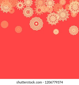 Ethnic Background with Small Mandalas. May be Used as Christmas Background with Snowflakes. Orient Pattern for Card, Poster, Banner. Festive Outline Mandalas on White Backdrop