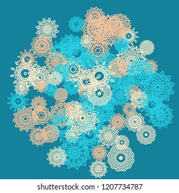 Ethnic Background with Small Mandalas. May be Used as Christmas Background with Snowflakes. Orient Pattern for Card, Poster, Banner. Festive Outline Mandalas on White Backdrop