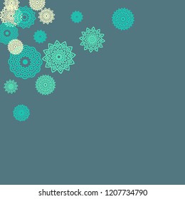 Ethnic Background with Small Mandalas. May be Used as Christmas Background with Snowflakes. Orient Pattern for Card, Poster, Banner. Festive Outline Mandalas on White Backdrop