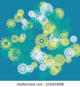 Ethnic Background with Small Mandalas. May be Used as Christmas Background with Snowflakes. Orient Pattern for Card, Poster, Banner. Festive Outline Mandalas on White Backdrop