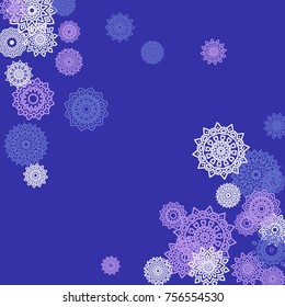Ethnic Background with Small Mandalas. May be Used as Christmas Background with Snowflakes. Orient Pattern for Card, Poster, Banner. Festive Outline Mandalas on White Backdrop