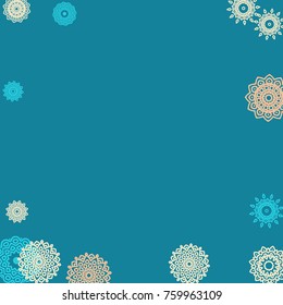 Ethnic Background with Small Mandalas. May be Used as Christmas Background with Snowflakes. Orient Pattern for Card, Poster, Banner. Festive Outline Mandalas on White Backdrop
