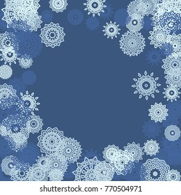 Ethnic Background with Small Mandalas. May be Used as Christmas Background with Snowflakes. Orient Pattern for Card, Poster, Banner. Festive Outline Mandalas on White Backdrop