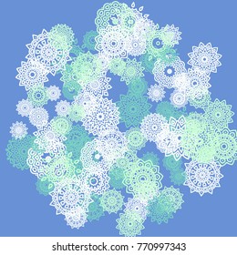 Ethnic Background with Small Mandalas. May be Used as Christmas Background with Snowflakes. Orient Pattern for Card, Poster, Banner. Festive Outline Mandalas on White Backdrop
