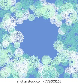 Ethnic Background with Small Mandalas. May be Used as Christmas Background with Snowflakes. Orient Pattern for Card, Poster, Banner. Festive Outline Mandalas on White Backdrop