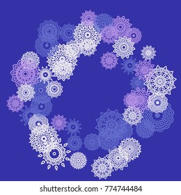 Ethnic Background with Small Mandalas. May be Used as Christmas Background with Snowflakes. Orient Pattern for Card, Poster, Banner. Festive Outline Mandalas on White Backdrop