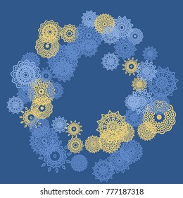Ethnic Background with Small Mandalas. May be Used as Christmas Background with Snowflakes. Orient Pattern for Card, Poster, Banner. Festive Outline Mandalas on White Backdrop