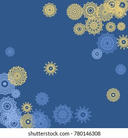 Ethnic Background with Small Mandalas. May be Used as Christmas Background with Snowflakes. Orient Pattern for Card, Poster, Banner. Festive Outline Mandalas on White Backdrop