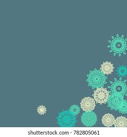 Ethnic Background with Small Mandalas. May be Used as Christmas Background with Snowflakes. Orient Pattern for Card, Poster, Banner. Festive Outline Mandalas on White Backdrop