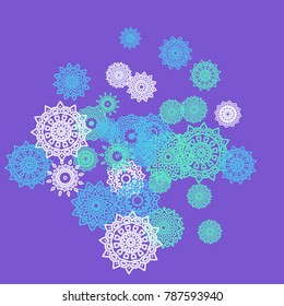 Ethnic Background with Small Mandalas. May be Used as Christmas Background with Snowflakes. Orient Pattern for Card, Poster, Banner. Festive Outline Mandalas on White Backdrop