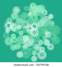 Ethnic Background with Small Mandalas. May be Used as Christmas Background with Snowflakes. Orient Pattern for Card, Poster, Banner. Festive Outline Mandalas on White Backdrop