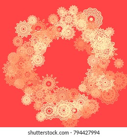 Ethnic Background with Small Mandalas. May be Used as Christmas Background with Snowflakes. Orient Pattern for Card, Poster, Banner. Festive Outline Mandalas on White Backdrop