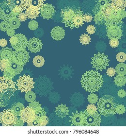 Ethnic Background with Small Mandalas. May be Used as Christmas Background with Snowflakes. Orient Pattern for Card, Poster, Banner. Festive Outline Mandalas on White Backdrop
