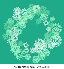 Ethnic Background with Small Mandalas. May be Used as Christmas Background with Snowflakes. Orient Pattern for Card, Poster, Banner. Festive Outline Mandalas on White Backdrop