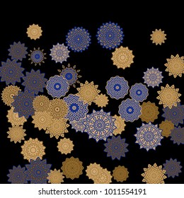 Ethnic Background with Snowflakes or Mandalas. Winter Pattern with Cute Snowflakes. Christmas or Indian Texture in Trendy Style. Vector Snowflakes for Card Design on Black Background