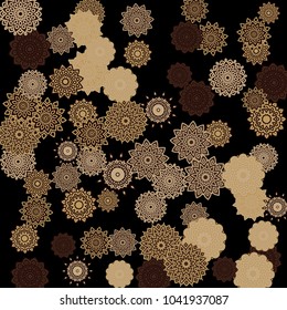 Ethnic Background with Snowflakes or Mandalas. Winter Pattern with Cute Snowflakes. Christmas or Indian Texture in Trendy Style. Vector Snowflakes for Card Design on Black Background