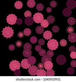 Ethnic Background with Snowflakes or Mandalas. Winter Pattern with Cute Snowflakes. Christmas or Indian Texture in Trendy Style. Vector Snowflakes for Card Design on Black Background