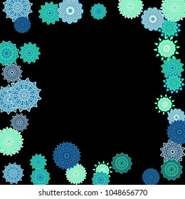 Ethnic Background with Snowflakes or Mandalas. Winter Pattern with Cute Snowflakes. Christmas or Indian Texture in Trendy Style. Vector Snowflakes for Card Design on Black Background