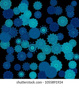 Ethnic Background with Snowflakes or Mandalas. Winter Pattern with Cute Snowflakes. Christmas or Indian Texture in Trendy Style. Vector Snowflakes for Card Design on Black Background