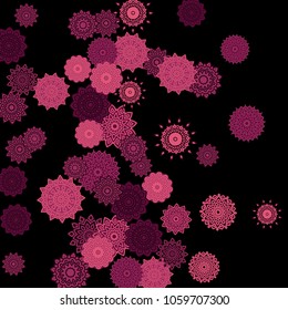 Ethnic Background with Snowflakes or Mandalas. Winter Pattern with Cute Snowflakes. Christmas or Indian Texture in Trendy Style. Vector Snowflakes for Card Design on Black Background