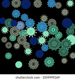 Ethnic Background with Snowflakes or Mandalas. Winter Pattern with Cute Snowflakes. Christmas or Indian Texture in Trendy Style. Vector Snowflakes for Card Design on Black Background