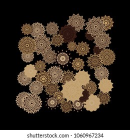 Ethnic Background with Snowflakes or Mandalas. Winter Pattern with Cute Snowflakes. Christmas or Indian Texture in Trendy Style. Vector Snowflakes for Card Design on Black Background