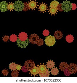 Ethnic Background with Snowflakes or Mandalas. Winter Pattern with Cute Snowflakes. Christmas or Indian Texture in Trendy Style. Vector Snowflakes for Card Design on Black Background