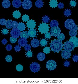Ethnic Background with Snowflakes or Mandalas. Winter Pattern with Cute Snowflakes. Christmas or Indian Texture in Trendy Style. Vector Snowflakes for Card Design on Black Background