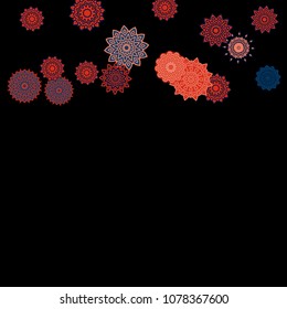 Ethnic Background with Snowflakes or Mandalas. Winter Pattern with Cute Snowflakes. Christmas or Indian Texture in Trendy Style. Vector Snowflakes for Card Design on Black Background