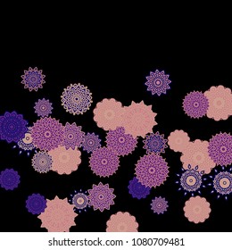 Ethnic Background with Snowflakes or Mandalas. Winter Pattern with Cute Snowflakes. Christmas or Indian Texture in Trendy Style. Vector Snowflakes for Card Design on Black Background