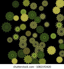 Ethnic Background with Snowflakes or Mandalas. Winter Pattern with Cute Snowflakes. Christmas or Indian Texture in Trendy Style. Vector Snowflakes for Card Design on Black Background