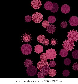 Ethnic Background with Snowflakes or Mandalas. Winter Pattern with Cute Snowflakes. Christmas or Indian Texture in Trendy Style. Vector Snowflakes for Card Design on Black Background