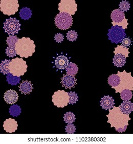 Ethnic Background with Snowflakes or Mandalas. Winter Pattern with Cute Snowflakes. Christmas or Indian Texture in Trendy Style. Vector Snowflakes for Card Design on Black Background