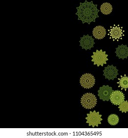 Ethnic Background with Snowflakes or Mandalas. Winter Pattern with Cute Snowflakes. Christmas or Indian Texture in Trendy Style. Vector Snowflakes for Card Design on Black Background